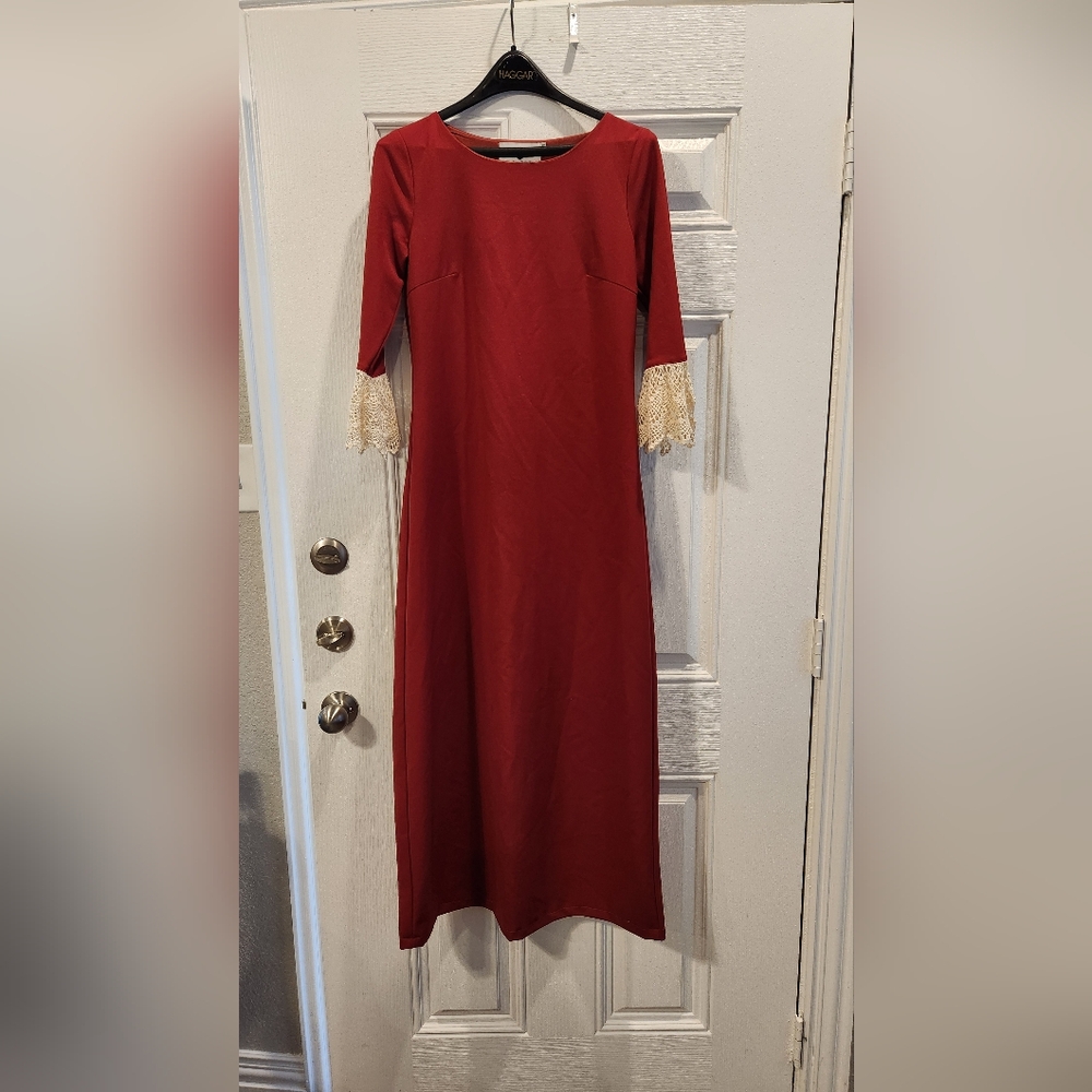 Rust Color Elegant Dress Lace Sleeves